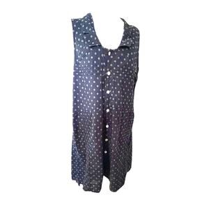 TULIP Dress Navy Blue Gray Polka Dot 100% Cotton Lg High Low Cottage Coastal